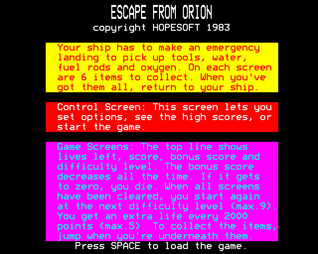 Game cover: Escape from Orion