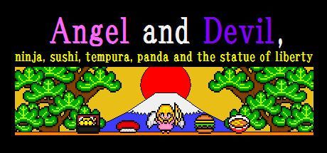 Game cover: Angel and Devil, ninja, sushi, tempura, panda and the statue of liberty