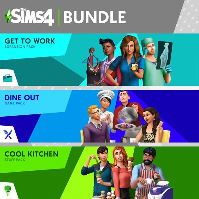 Game cover: The Sims 4 Bundle: Get to Work, Dine Out, Cool Kitchen Stuff