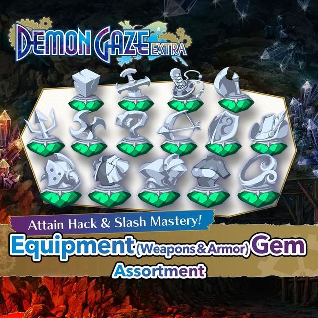 Game cover: Demon Gaze: Extra - Attain Hack & Slash Mastery! Equipment (Weapons & Armor) Gem Assortment